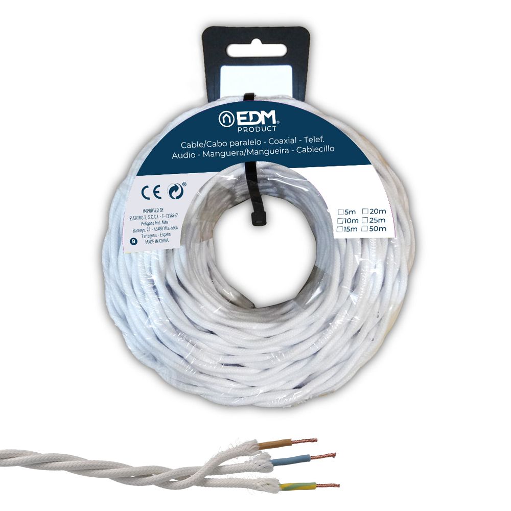 CARRETE CABLE PARALELO TEXTIL TRENZADO H05V-K 3 G 1,00 mm² BLANCO, 5 m
