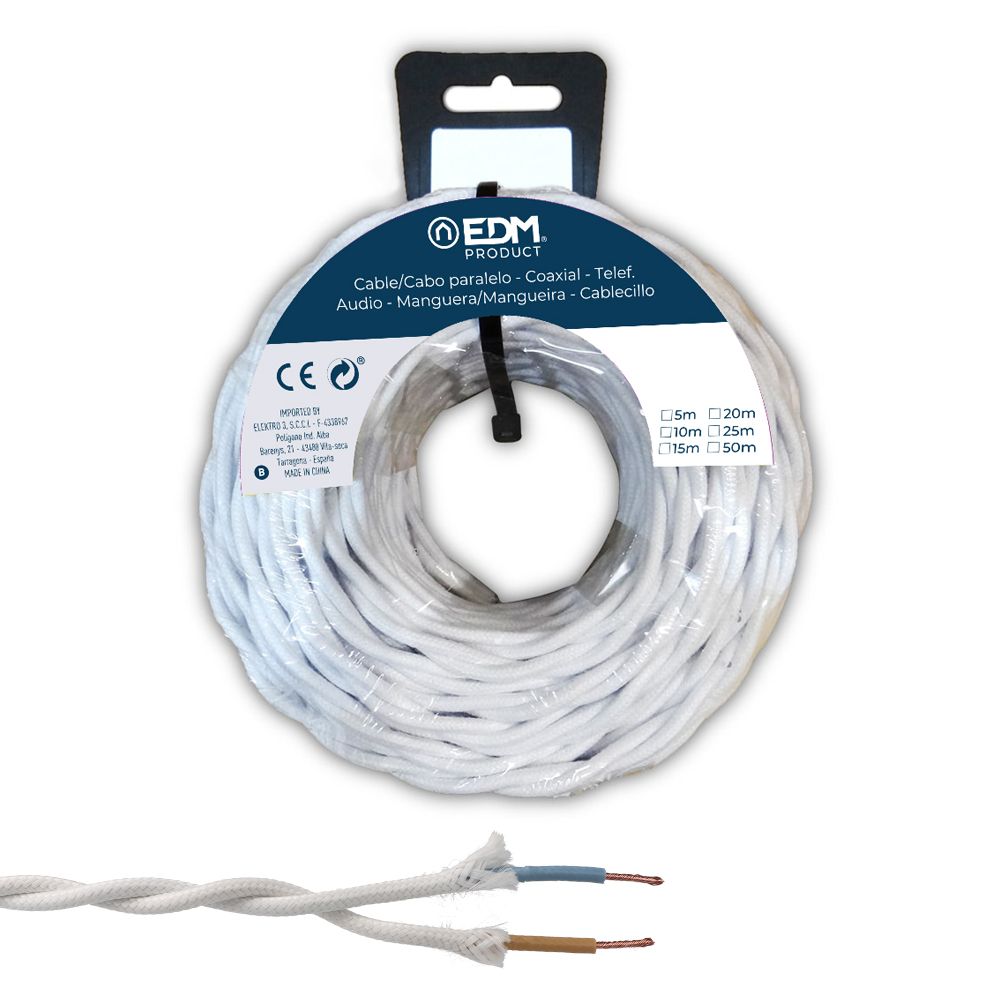 CARRETE CABLE PARALELO TEXTIL TRENZADO H05VV-F 2 x 1,50 mm² BLANCO, 25 m