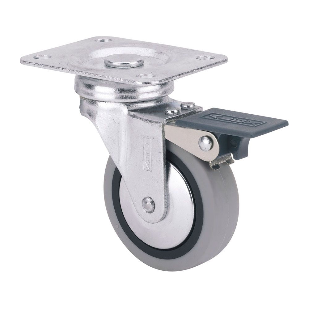 RUEDA GIRATORIA DE GOMA CON PLACA, FRENO Y EJE LISO, COLOR GRIS, CARGA MÁX. 17 kg, Ø 4 cm