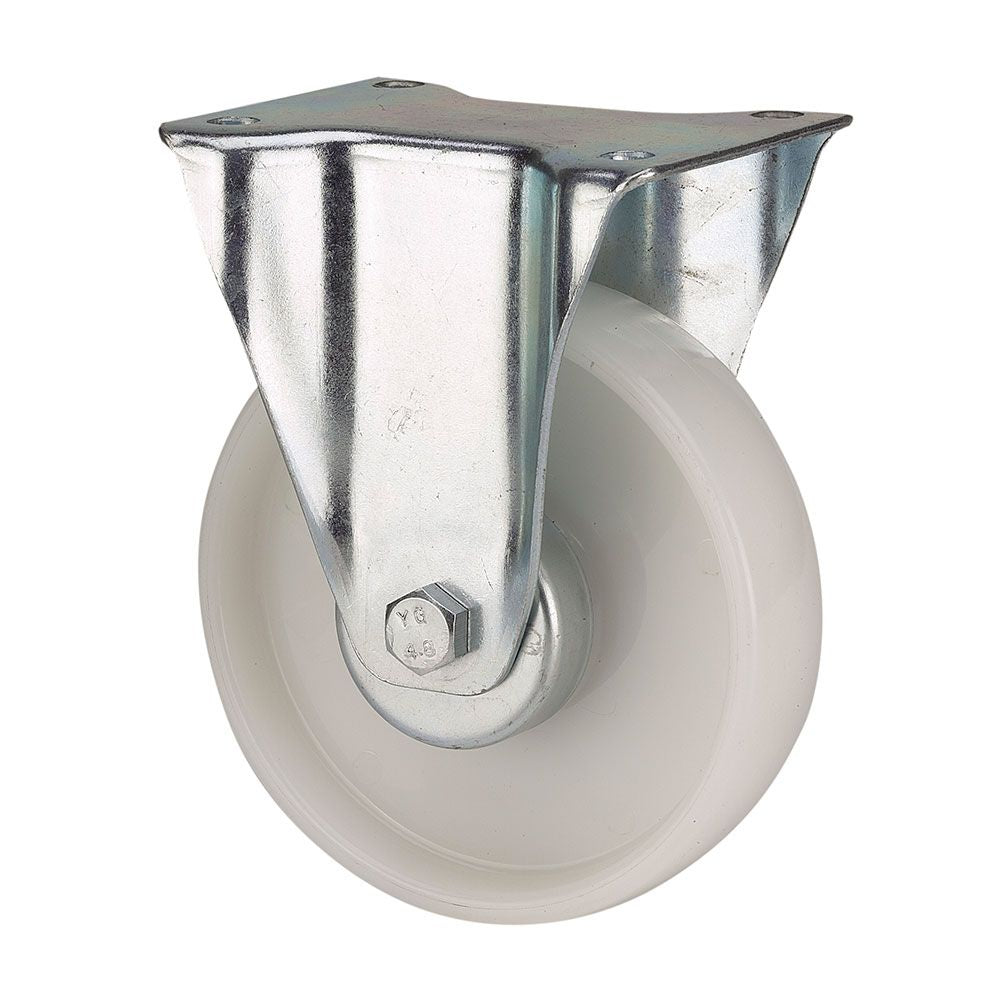 RUEDA FIJA DE POLIAMIX CON PLACA Y EJE LISO, COLOR BLANCO, CARGA MÁX. 150 kg, Ø 10 cm