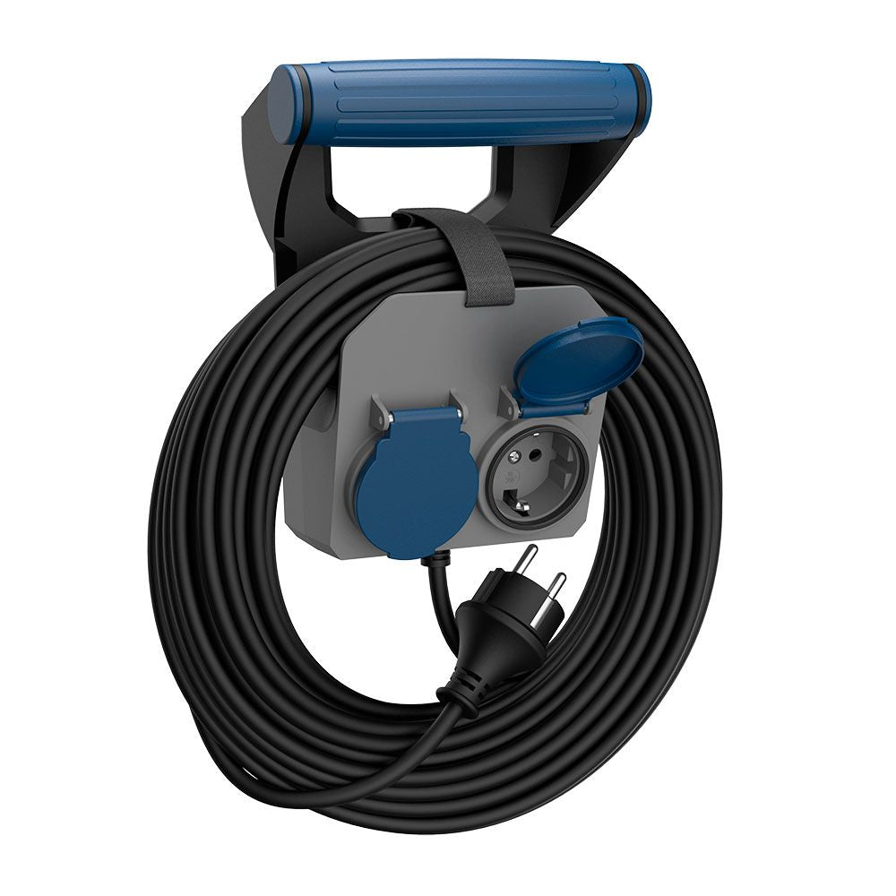 BASE MÚLTIPLE 2 TOMAS SCHUKO, IP44, 10 m DE CABLE H05RR-F 4G1,5 mm², 16A 230V~, GRIS/AZUL/NEGRO