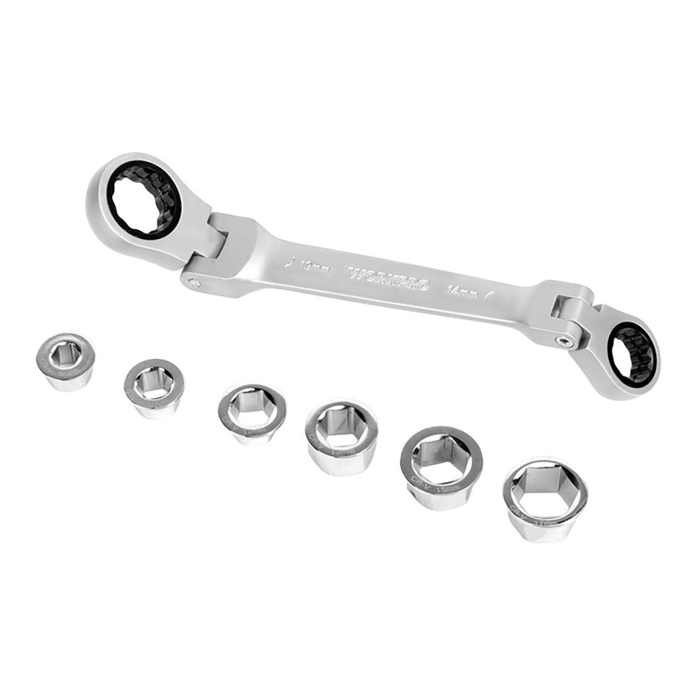 LLAVE DE ESTRELLA CR-V DOBLE CON CARRACA ARTICULADA, 6 BOCAS INTERCAMBIABLES, 14 x 19 mm, 7 PIEZAS