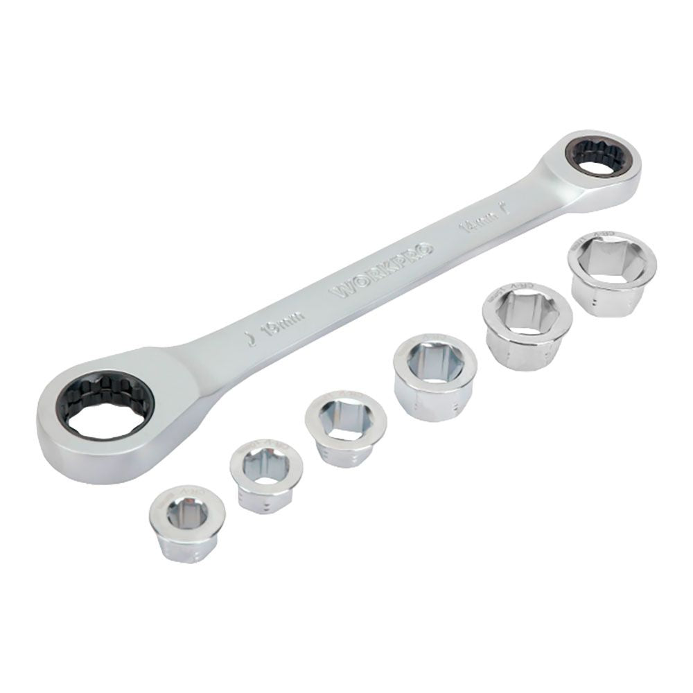 LLAVE DE ESTRELLA CR-V DOBLE CON CARRACA, 6 BOCAS INTERCAMBIABLES, 14 x 19 mm, 7 PIEZAS