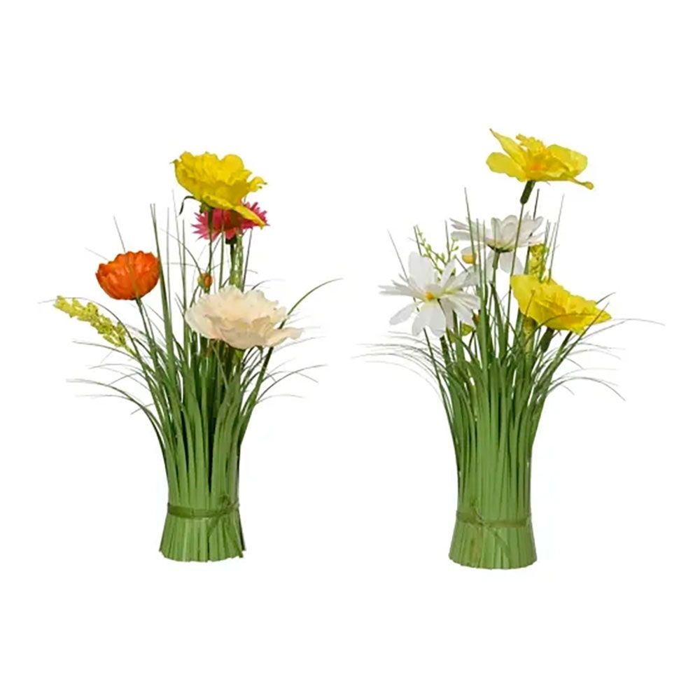 RAMO DE HIERBA CON NARCISOS Y AMAPOLAS, POLIÉSTER, 13 x 13 x 30 cm, COLORES SURTIDOS