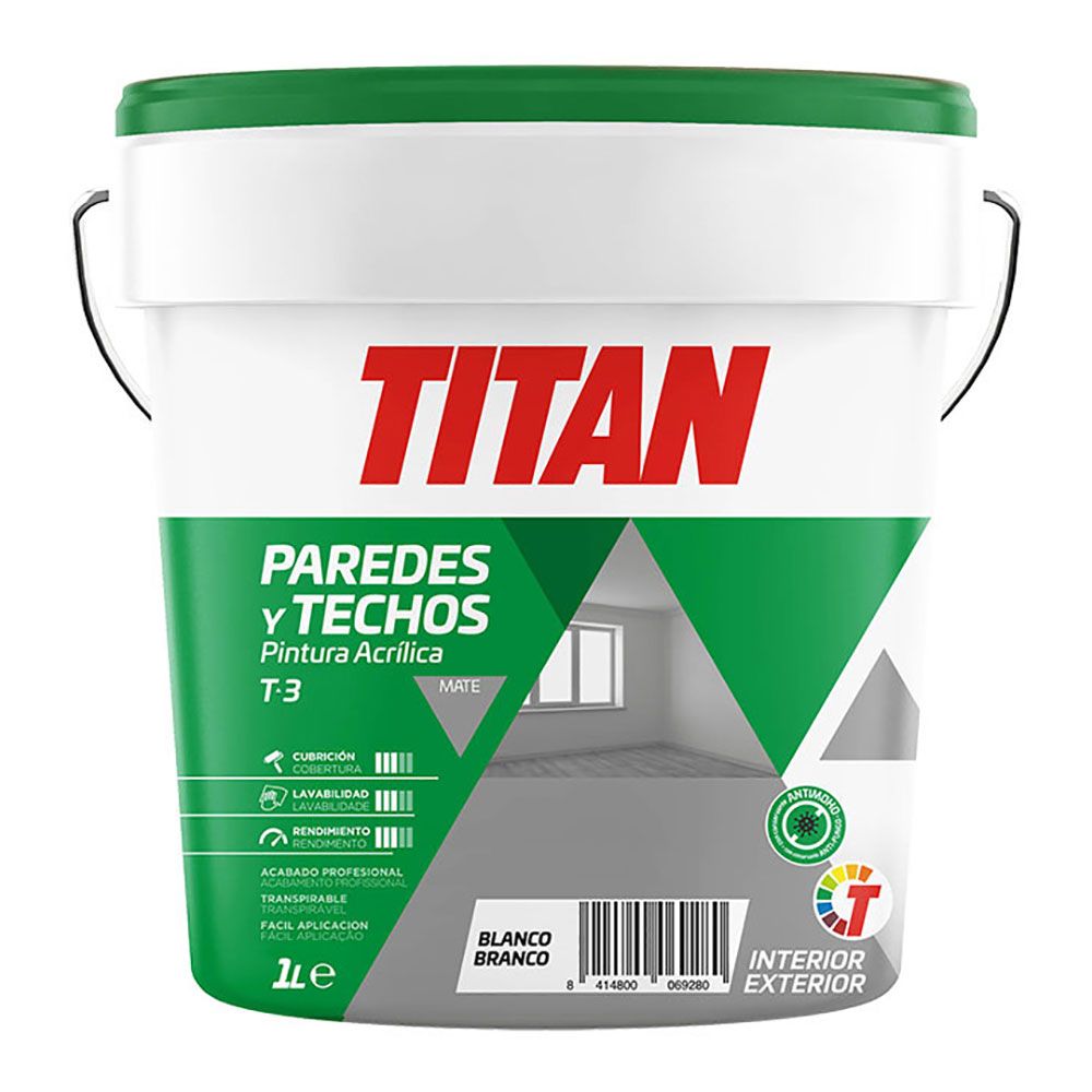 PINTURA PLÁSTICA ACRÍLICA ESTIRENADA INTERIOR / EXTERIOR T-3 BLANCO MATE 1 L