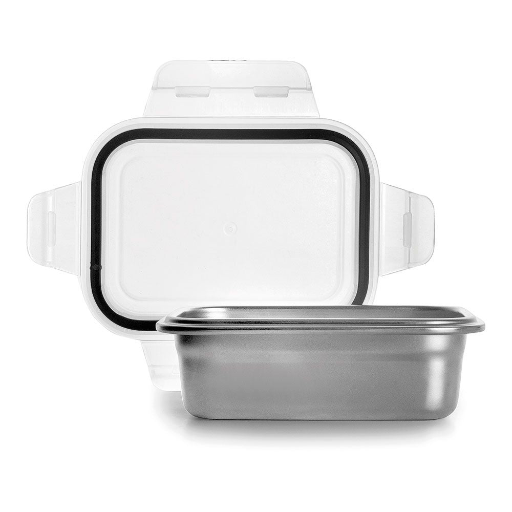 FIAMBRERA RECTANGULAR DE ACERO INOXIDABLE CON TAPA HERMÉTICA DE PLÁSTICO; 400 ml