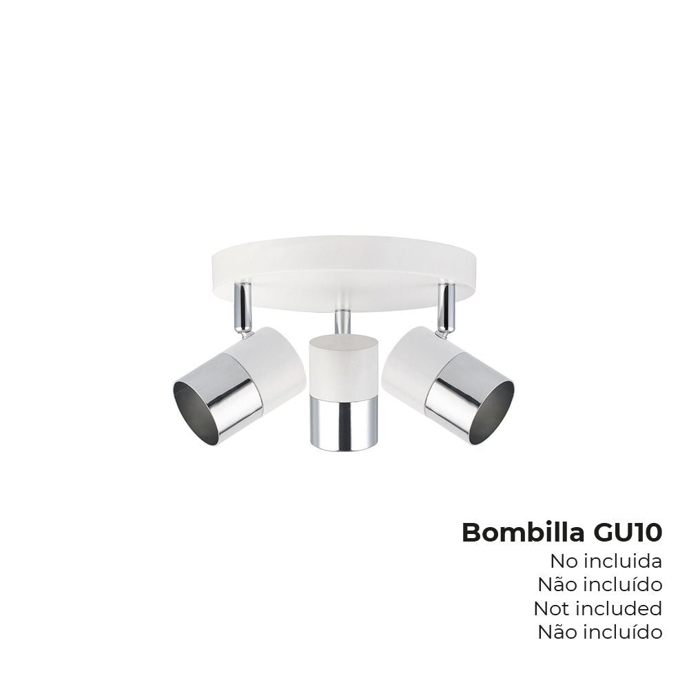 FOCO 3 ELEMENTOS MODELO MOON GU-10 (BOMBILLA NO INCLUIDA) COLOR CROMO+BLANCO HUESO Ø 20 x 12,6 cm