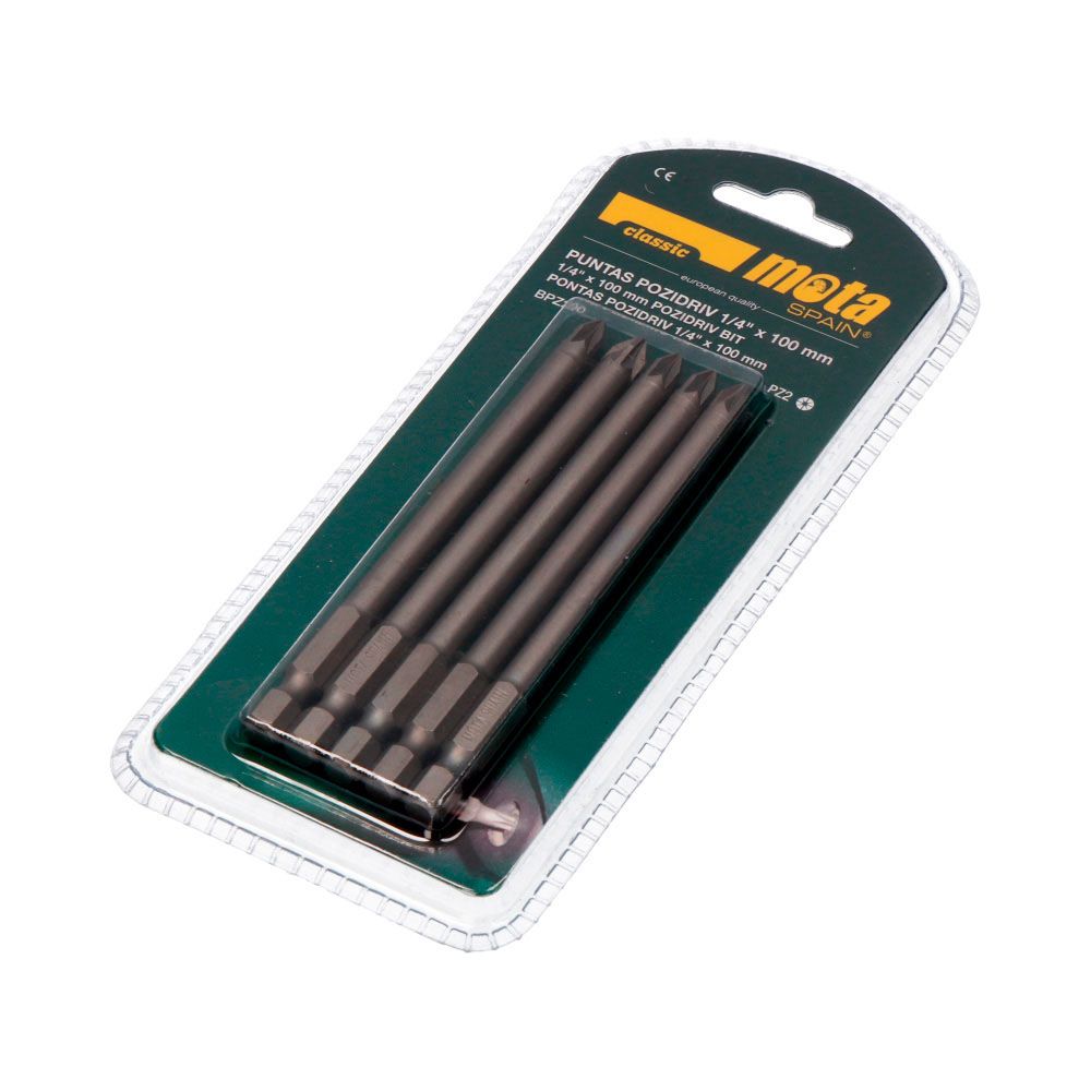 PACK 5 PUNTAS BIT PZ2 x 90mm 1/4" ACERO BPZ290 MOTA