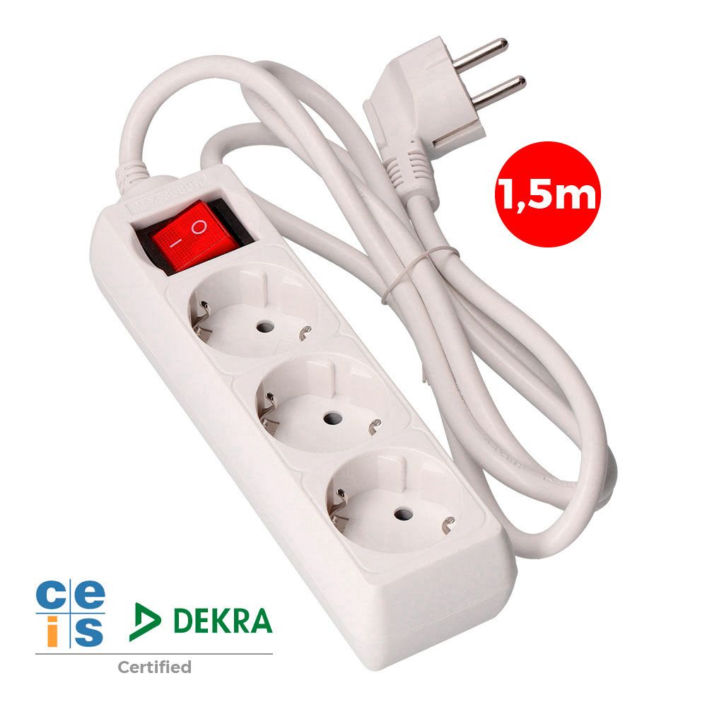 BASE MÚLTIPLE 3 TOMAS 2P+T CON INTERRUPTOR LUMINOSO, 16 A 250 V~ 1,5 m DE CABLE H05VV-F 3 G 1,5 mm² BLANCA