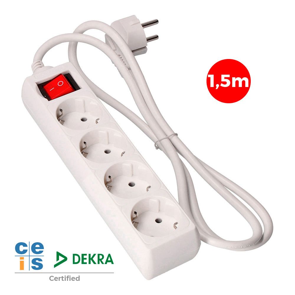BASE MÚLTIPLE 4 TOMAS 2P+T CON INTERRUPTOR LUMINOSO, 16 A 250 V~ 1,5 m DE CABLE H05VV-F 3 G 1,5 mm² BLANCA