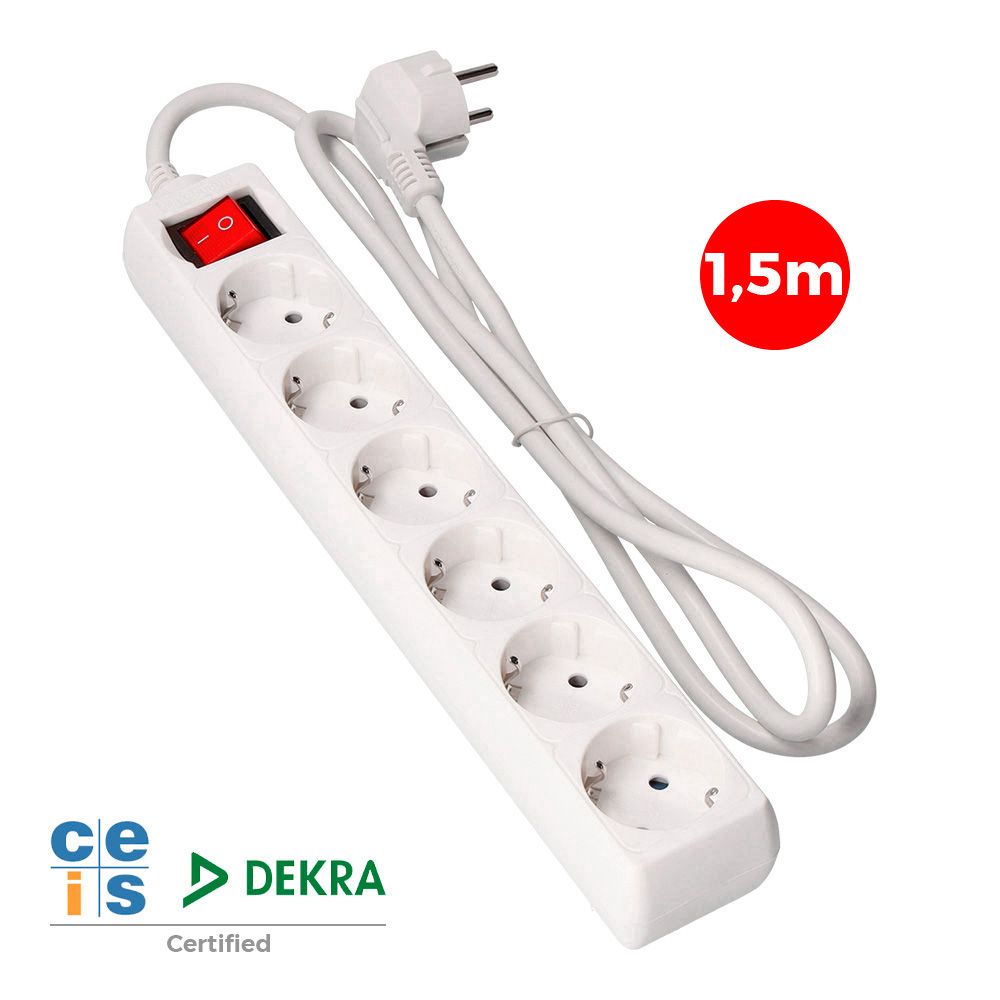 BASE MÚLTIPLE 6 TOMAS 2P+T CON INTERRUPTOR LUMINOSO, 16 A 250 V~ 1,5 m DE CABLE H05VV-F 3 G 1,5 mm² BLANCA