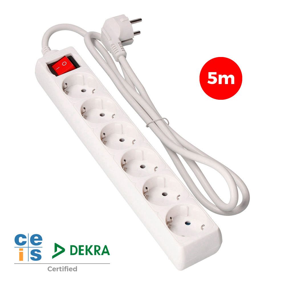 BASE MÚLTIPLE 6 TOMAS 2P+T CON INTERRUPTOR LUMINOSO, 5 m DE CABLE H05VV-F 3G1,5 mm², BLANCA
