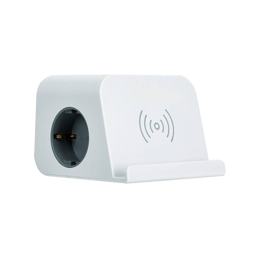 BASE COMBIFLAT 2 TOMAS SCHUKO 16A 250 V ~ + 2 USB A + 2 USB C + CARGA INALÁMBRICA CON SOPORTE Y FIJACIÓN BLANCA