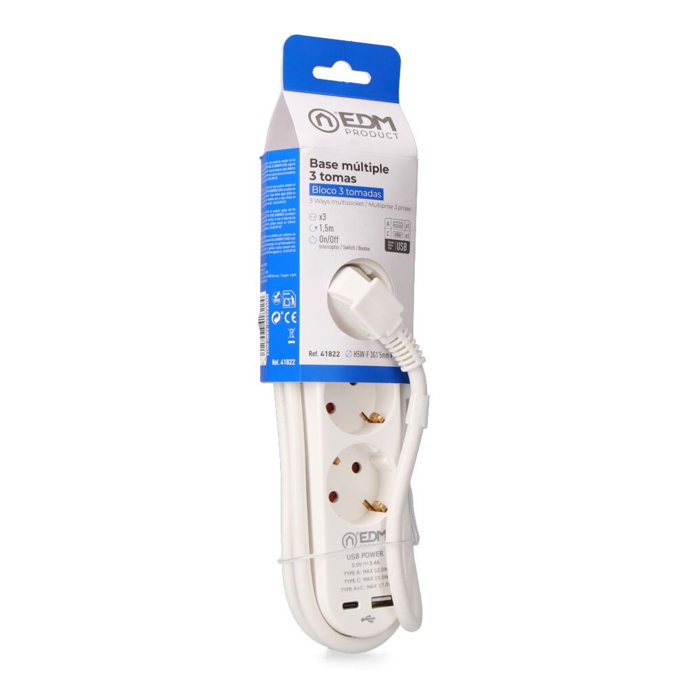 BASE MÚLTIPLE 3 TOMAS SCHUKO, INTERRUPTOR, 2 USB A + C, 1,5m DE CABLE H05VV-F, 3G1,5 mm², 16A 250V~, BLANCA