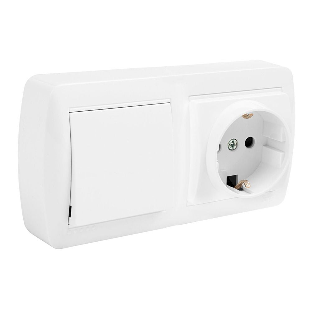 BASE FIJA 2P+T 16A 250V + CONMUTADOR/INTERRUPTOR 10AX 250V SUPERFICIE MURAL 148 x 72 x 42 mm