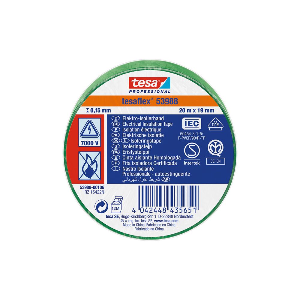CINTA AISLANTE HOMOLOGADA VERDE 19 mm x 20 m