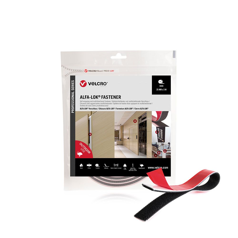 CINTA ALFA-LOK LINEAL DE GANCHO NEGRA 25 mm x 3 m