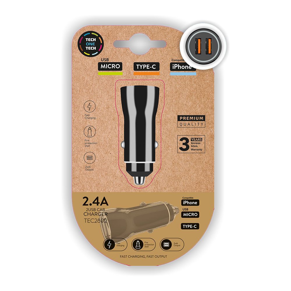 CARGADOR DOBLE MECHERO COCHE NEGRO 2,4A -12W TECH ONE TECH