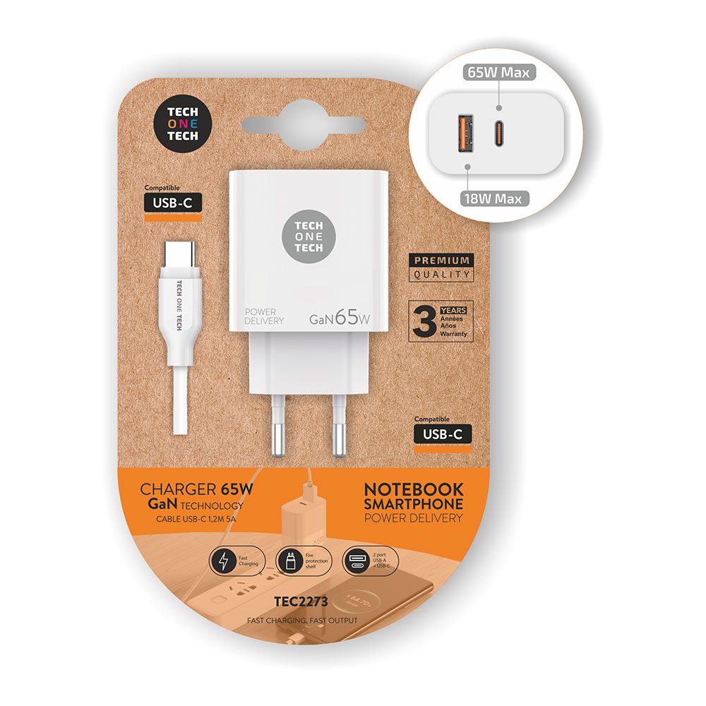 CARGADOR NOTEBOOK/MÓVIL 65W GAN PD + CABLE 1,2M 5A TECH ONE TECH
