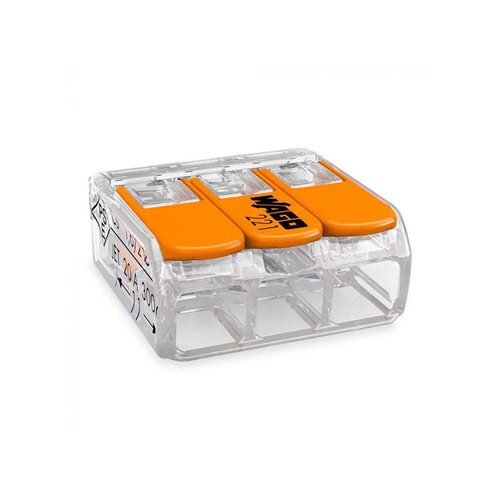 CONECTOR RÁPIDO CON PALANCA 3 VIAS, Ø MAXIMO 4 mm², 450 V , 32 A; TRANSPARENTE; 18,8 x 18,6 x 8,4 mm