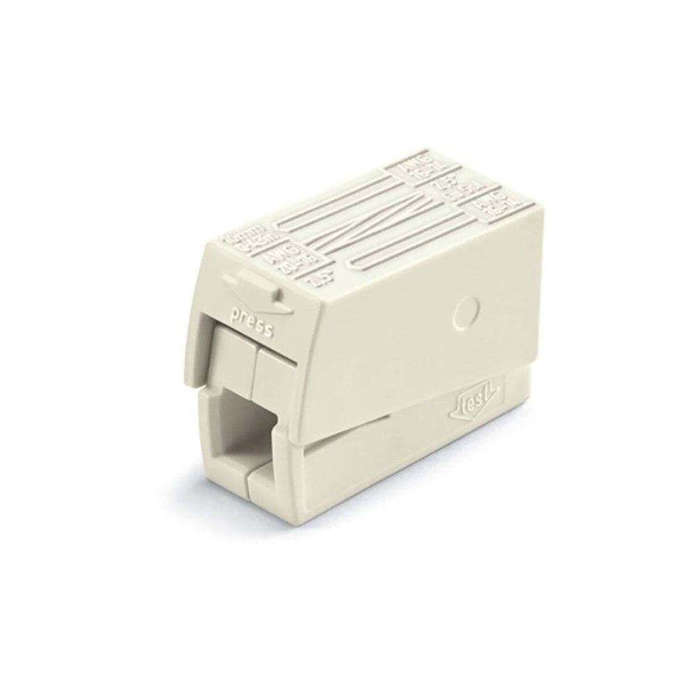 CONECTOR RÁPIDO EN LINEA PRESILLA 3 VIAS, 2 RÍGIDOS + 1 RÍGIDO, SEMIRÍGIDO O FLEXIBLE; Ø MÁXIMO 2,5 mm², BLANCO