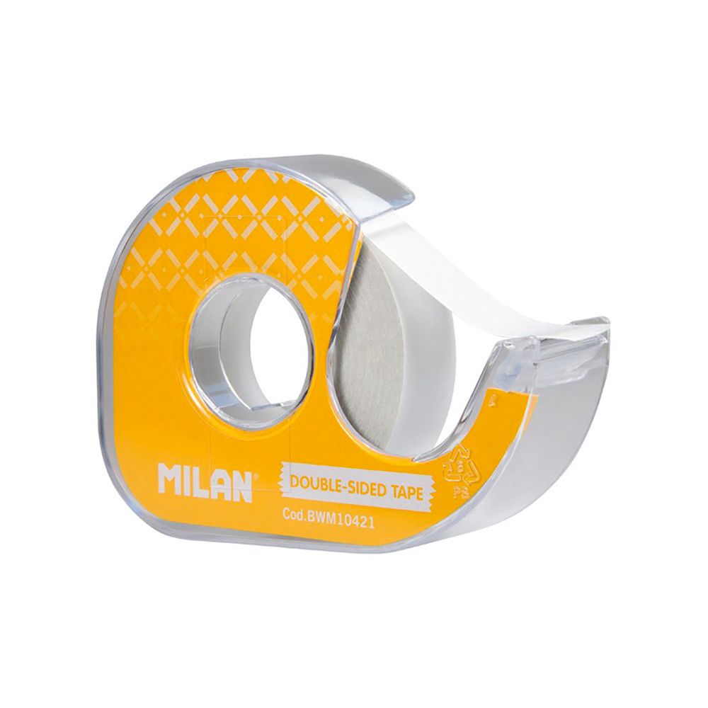 DISPENSADOR AMARILLO DE CINTA ADHESIVA DOBLE CARA 15 mm x 10 m