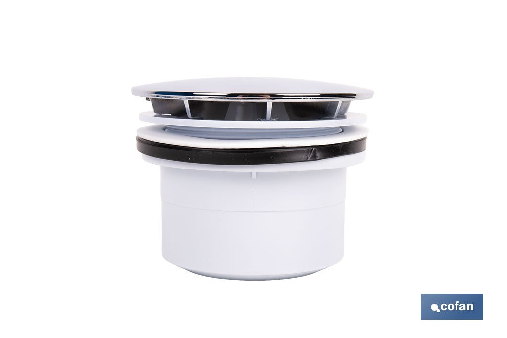 VÁLVULA SIFÓNICA PLATO DE DUCHA Ø90 MM CON SALIDA Ø32-40 MM Y EMBELLECEDOR CROMADO ALTURA 64 MM