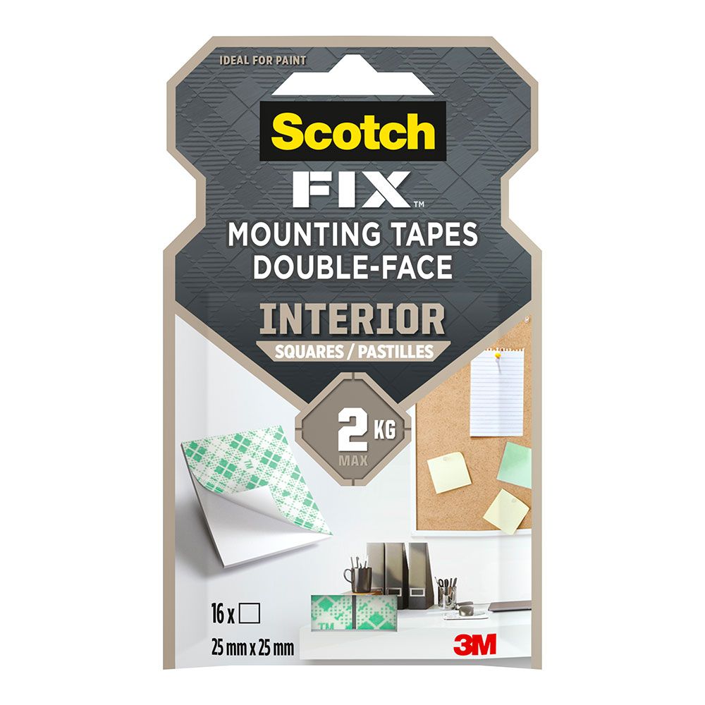 CUADRADOS ADHESIVOS DOBLE CARA, PARA INTERIORES, 25 mm x 25 mm, 16 uds, MÁX 2 kg