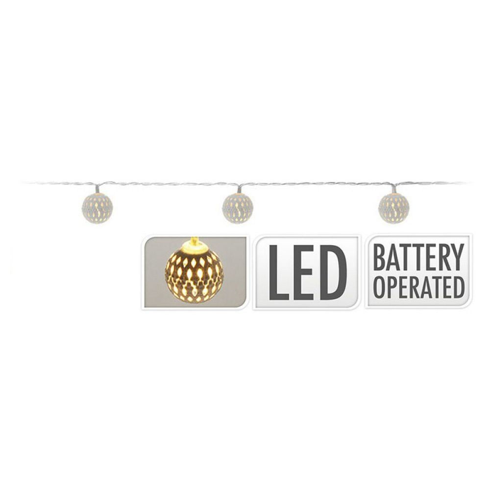 GUIRNALDA A PILAS FIJA 10 LEDS CON BOLAS COLOR BLANCO LUZ BLANCO CALIDO 1,3m