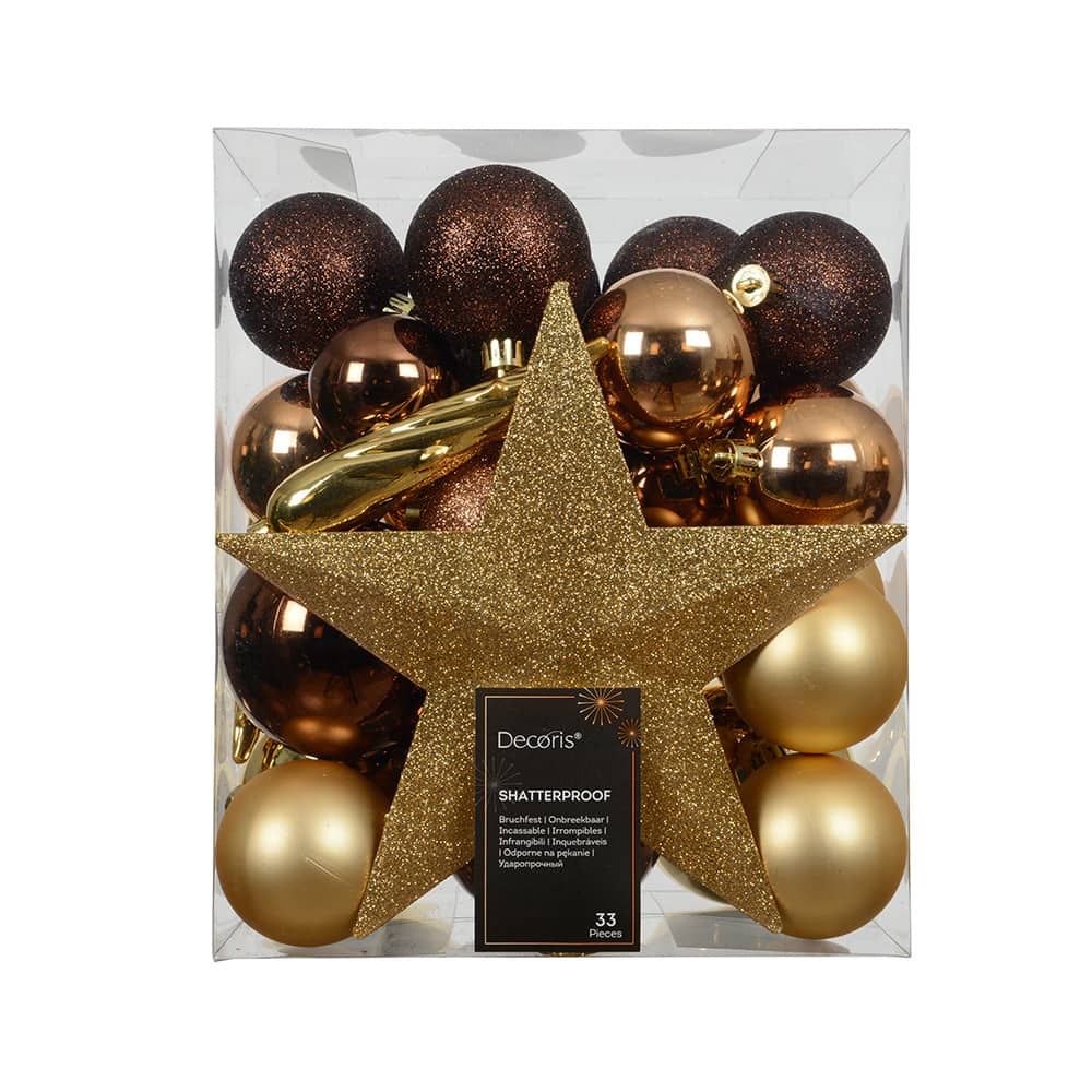 ACCESORIOS PARA ÁRBOL DE NAVIDAD TONOS MARRONES Y DORADOS, 33 PIEZAS