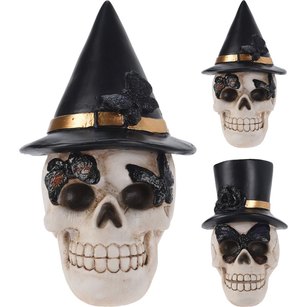 CALAVERA CON SOMBRERO HALLOWEEN, 2 MODELOS, 10 x 11 x 14 cm