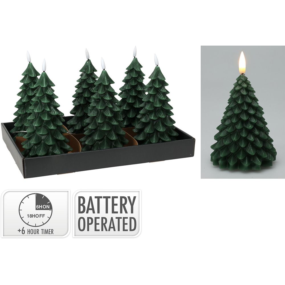 VELA DE CERA LED EFECTO LLAMA CON FORMA DE ABETO, VERDE OSCURA, 19 cm