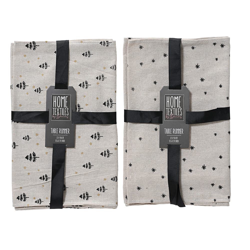 CAMINO DE MESA CON ESTAMPADOS EN NEGRO, 2 MODELOS, 32 x 150 cm