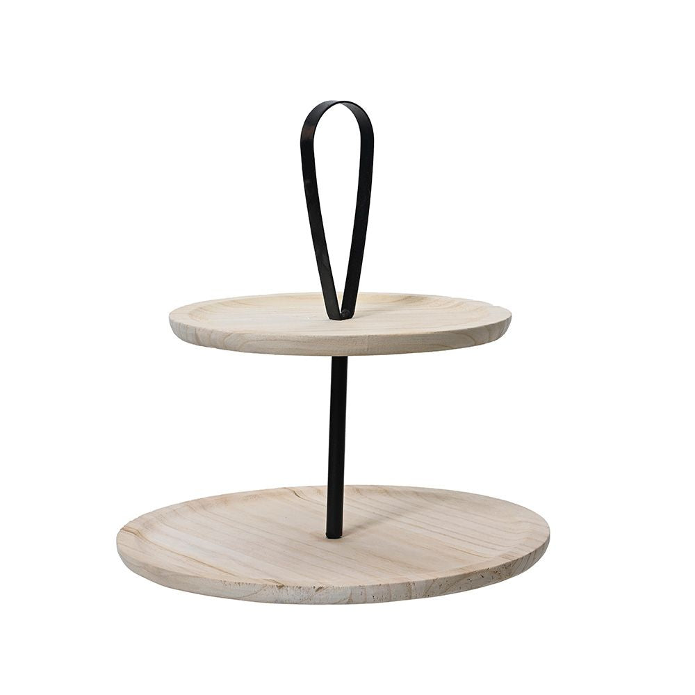 CENTRO DE MESA REDONDO DE MADERA CON DOS REPISAS; Ø32 x 37 cm
