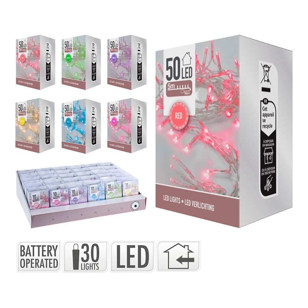 GUIRNALDA A PILAS, FUNCIÓN FIJA, 50 LEDS, CABLE TRANSPARENTE, COLORES SURTIDOS, INTERIOR, 5 m