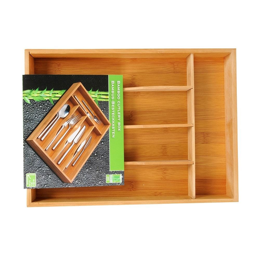 ORGANIZADOR DE CUBIERTOS EXTENSIBLE DE BAMBÚ CON 6 COMPARTIMENTOS; 35 x 25-39,2 x 4,5 cm