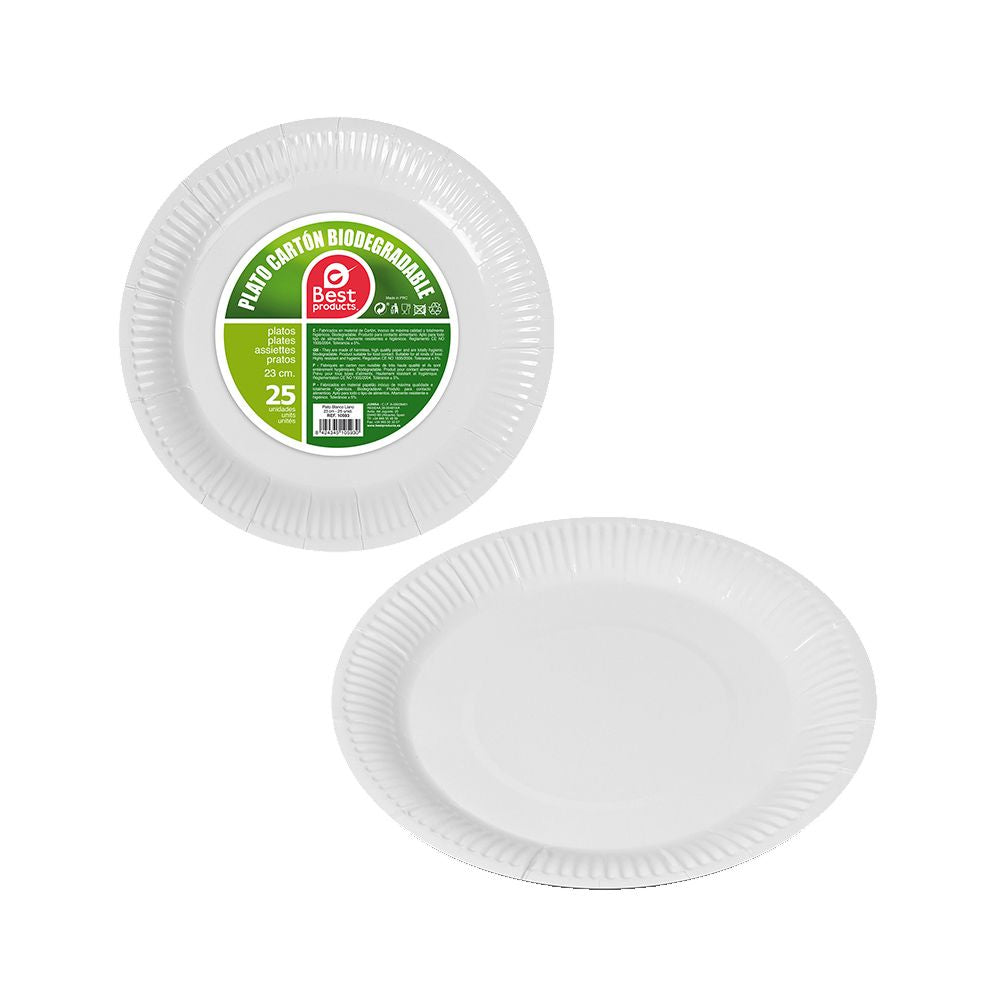 PLATOS DE CARTÓN REDONDOS BLANCOS Ø23 cm, 25 uds