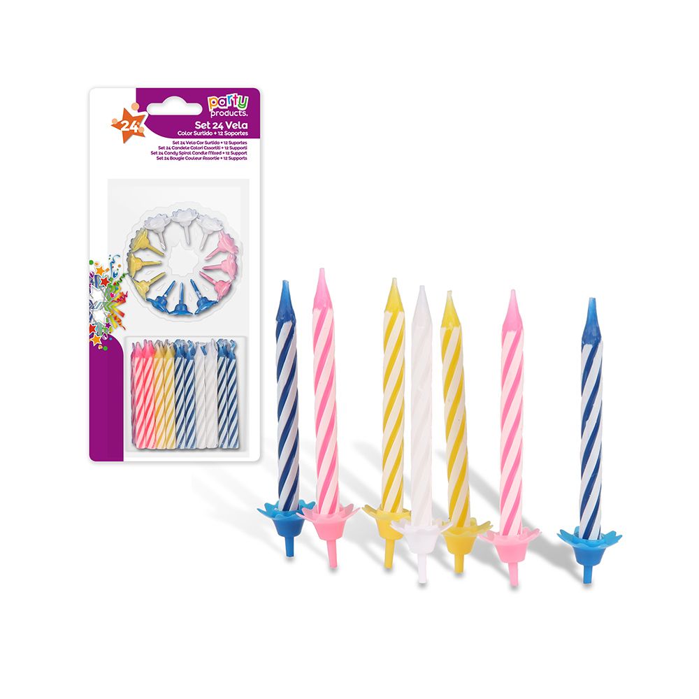 VELAS 24 uds + SOPORTES 12 uds COLORES SURTIDOS