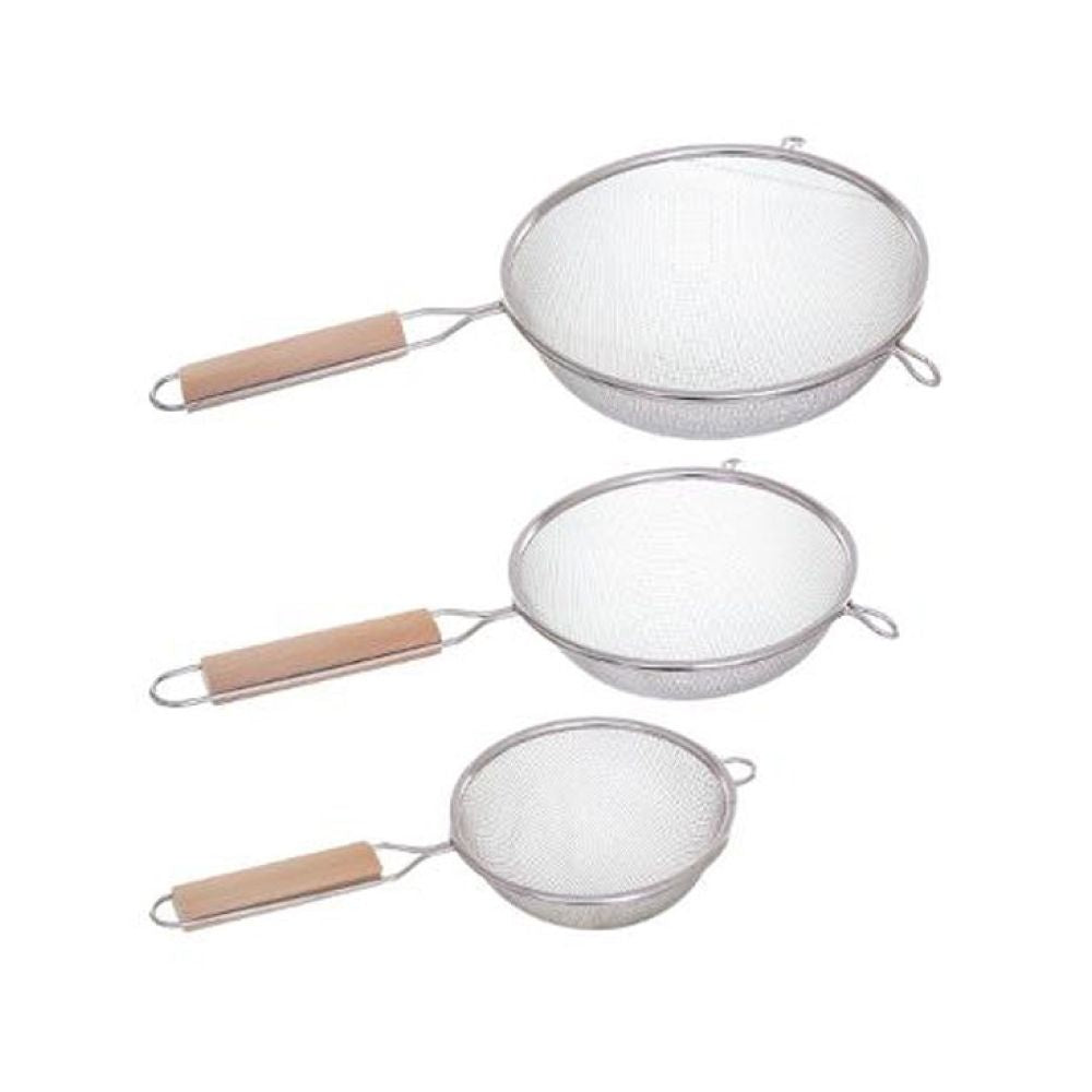 COLADORES ACERO INOXIDABLE + MANGO MADERA Ø12 cm / Ø16 cm / Ø20 cm; 3 uds
