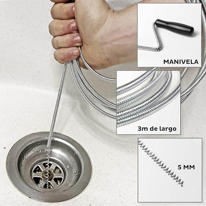 Desatascador tuberías profesional en espiral de 3M X 5MM desatascador fregadero, ducha, bañera, lavabo, wc, etc. Alambre Desatascador tuberías con mango de manivela. Muelle desatascador - Pinturas y Tarimas Ideas
