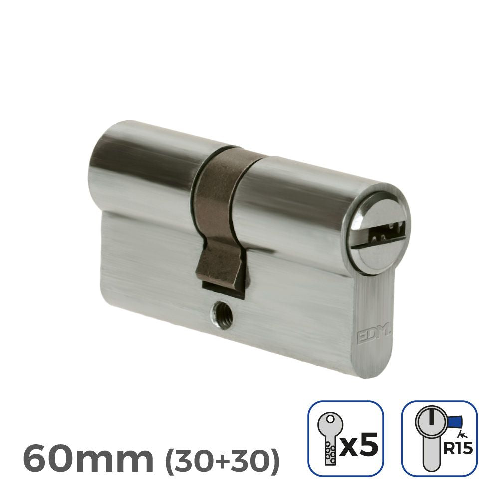 CILINDRO 60mm (30+30mm) NIQUELADO, LEVA LARGA R15 CON 5 LLAVES SEGURIDAD INCLUIDAS