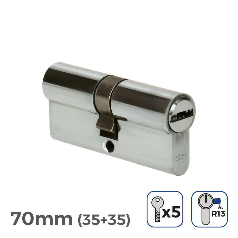 CILINDRO 70mm (35+35mm) NIQUELADO, LEVA CORTA R13 CON 5 LLAVES SEGURIDAD INCLUIDAS