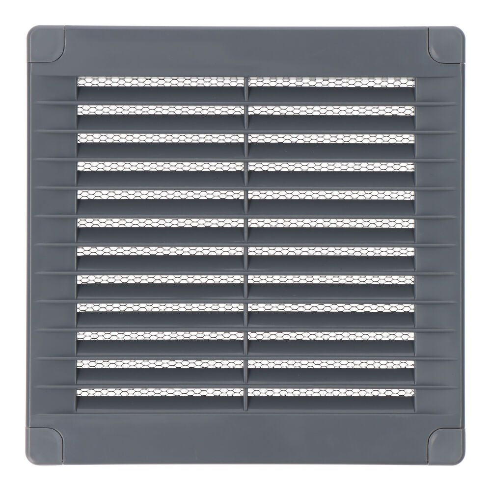 REJILLA VENTILACIÓN CUADRADA CON TAPONES Y MOSQUITERA 150x150x7mm ABS GRIS