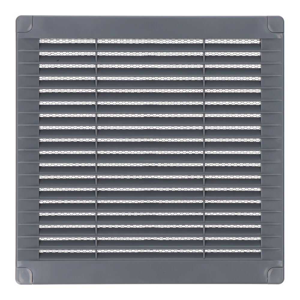 REJILLA VENTILACIÓN CUADRADA CON TAPONES Y MOSQUITERA 200x200x7mm ABS GRIS