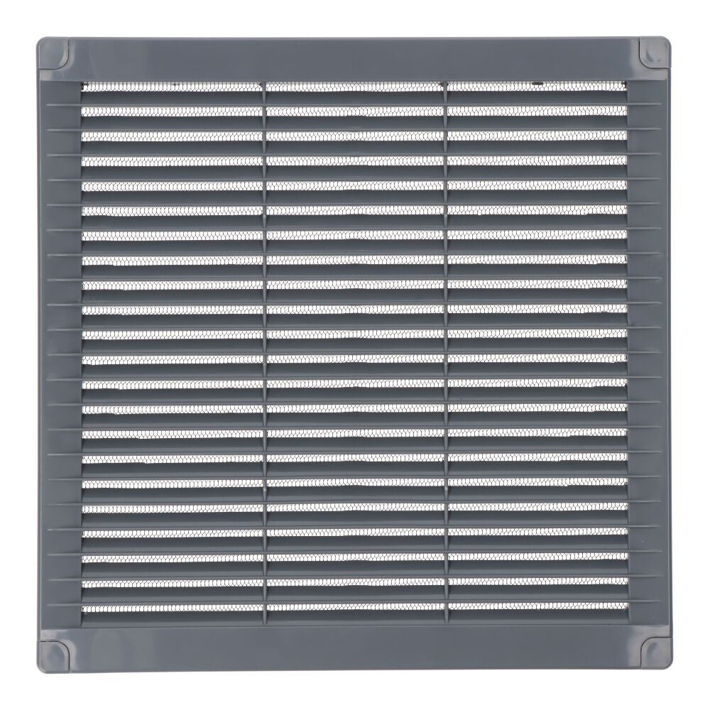 REJILLA VENTILACIÓN CUADRADA CON TAPONES Y MOSQUITERA 250x250x7mm ABS GRIS