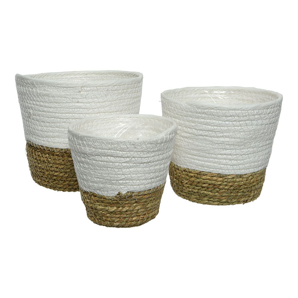 CUBRE MACETERO DE CUERDA PARA DECORAR DE MIMBRE Y BLANCO, SET DE 3 PÌEZAS