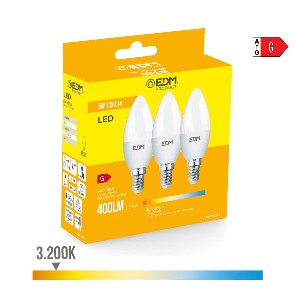 KIT 3 BOMBILLAS VELA LED E14 5 W 400 lm 3200 K LUZ CALIDA Ø3,6 x 10 cm