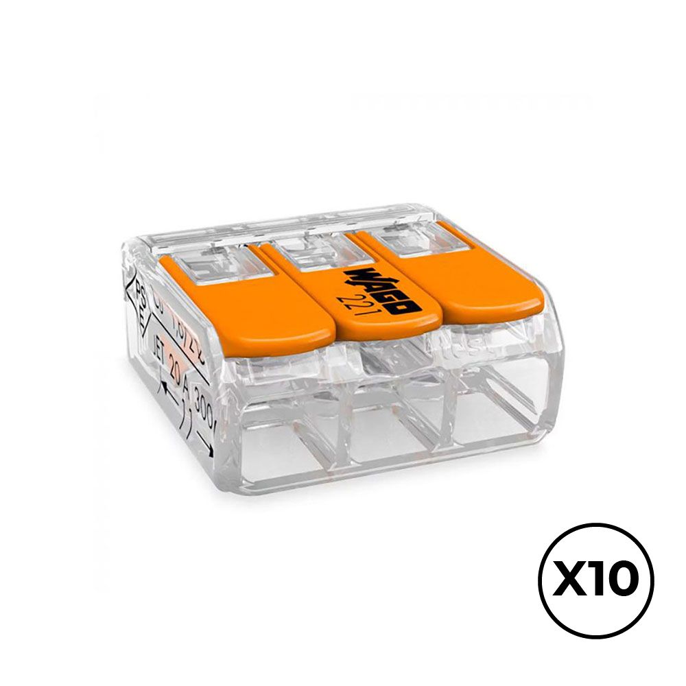 CONECTOR RÁPIDO CON PALANCA 3 VIAS, Ø MAXIMO 4 mm², 450 V , 32 A; TRANSPARENTE; 18,8 x 18,6 x 8,4 mm, 10 uds