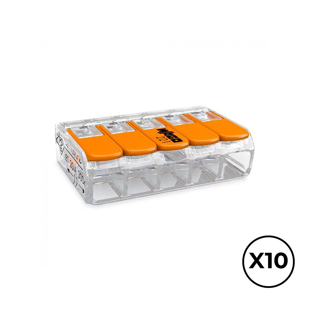 CONECTOR RÁPIDO CON PALANCA 5 VIAS, Ø MAXIMO 4 mm², 450 V , 32 A; TRANSPARENTE; 30 x 18,6 x 8,4 mm, 10 uds