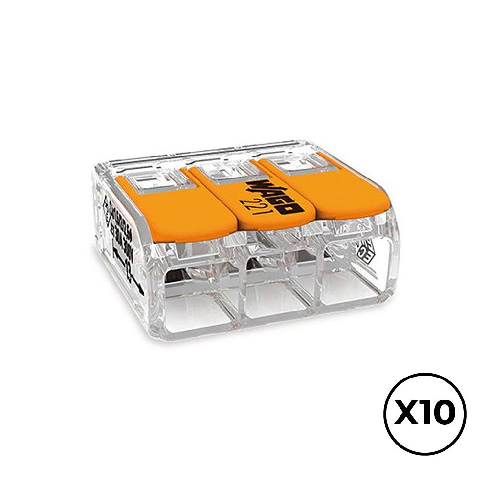 CONECTOR RÁPIDO CON PALANCA 3 VIAS, Ø MAXIMO 6 mm², 450 V , 41 A; TRANSPARENTE; 22,9 x 21,1 x 10,1 mm, 10 uds